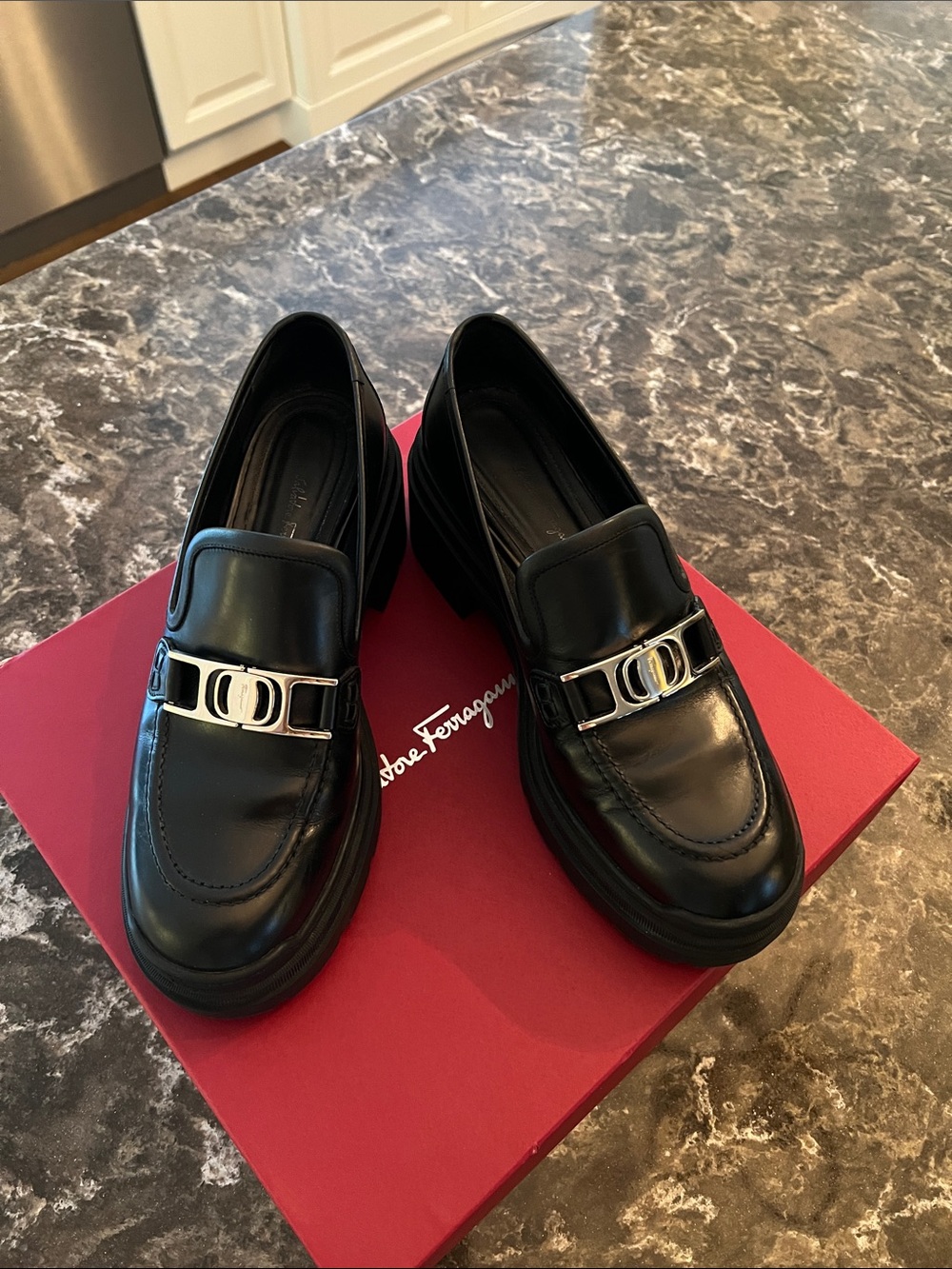 Salvatore Ferragamo Black Leather Loafers with Silver Gancini Hardware